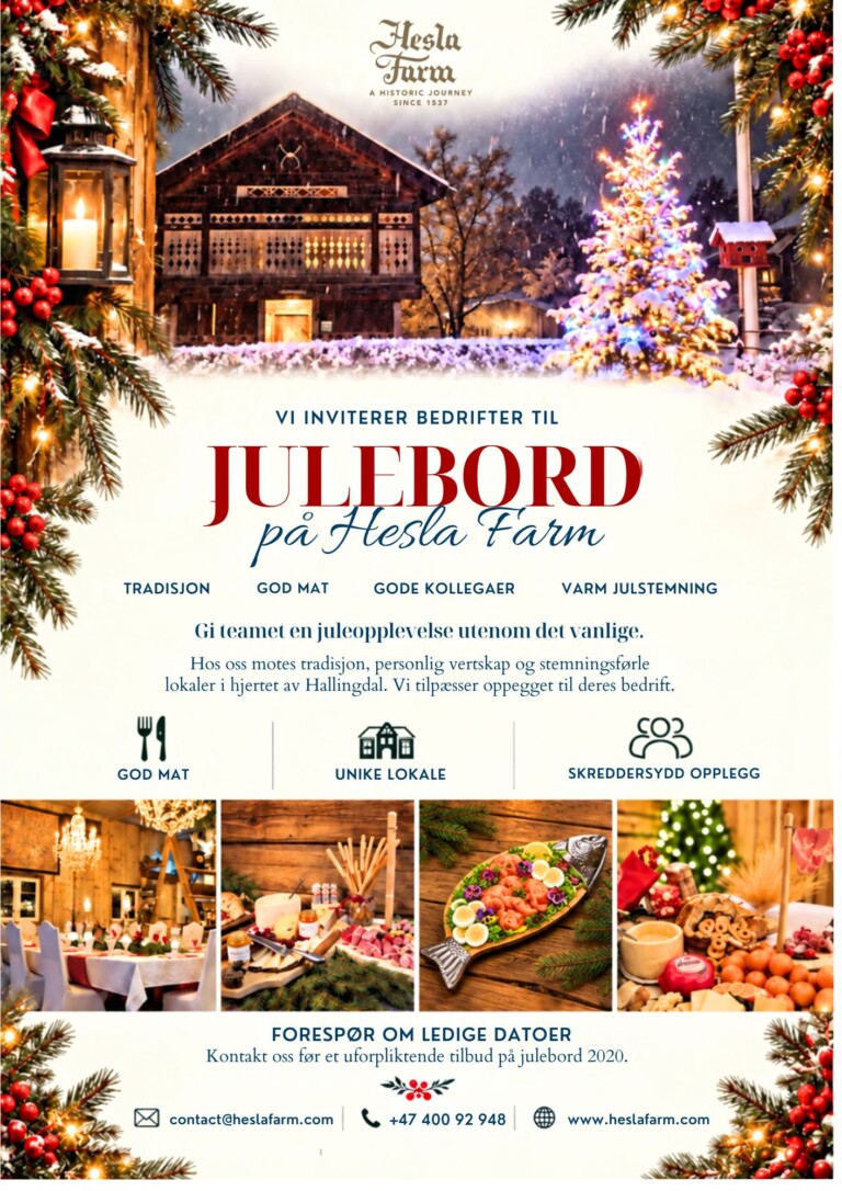 Skal dere arrangere julebord for bedriften i 2026? 🎄 Hos oss får dere god mat, hyggelige omgivelser og den gode julestemningen – perfekt for å samle gjengen og avslutte året sammen! 🏡 Bestill julebord og få rabatt på overnatting! Gjør kvelden ekstra hyggelig og bli over natten til en gunstig pris.* ✨ En perfekt kombinasjon av julebord, sosialt samvær og overnatting – alt på ett sted. 📅 Sikre dere ønsket dato for julebord 2026 allerede nå! *Tilbudet gjelder grupper på over 10 personer. Ta kontakt med oss for tilbud og tilgjengelige datoer: tlf.: +47 400 92 948, e-post: contact@heslafarm.com 🎅 Vi gleder oss til å ønske dere velkommen til julebord på Hesla Farm!